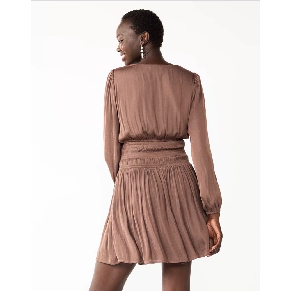 Nine West Womens Plus 2X Brown Smocked Waist V-Neck Long Sleeve Mini Dress - Picture 2 of 6